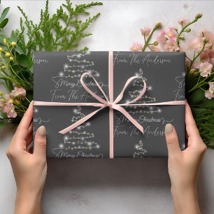 Gray Merry Christmas Tree Light Custom Family Name Wrapping Paper