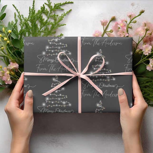 Gray Merry Christmas Tree Light Custom Family Name Wrapping Paper (Creator Uploaded)