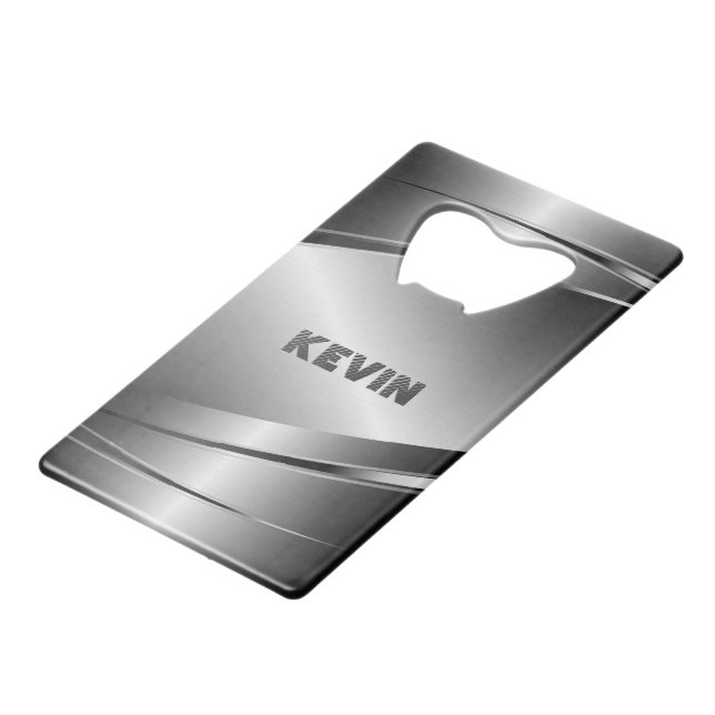 Gray Metallic Brushed Aluminum Look Credit Card Bottle Opener (Front Angled)