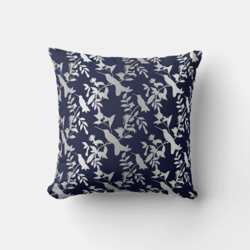 Gray Metallic Floral Humming_birds Blue Navy Throw Pillow