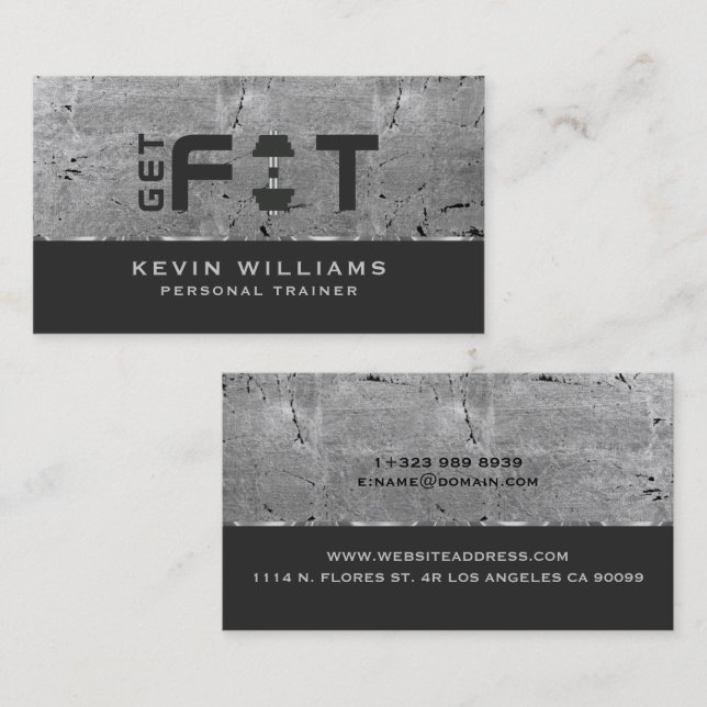 Gray Metallic Grunge Texture Fitness Trainer Business Card (Front/Back)