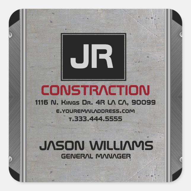 Gray Metallic Grungy Texture Black Accent Square Sticker (Front)