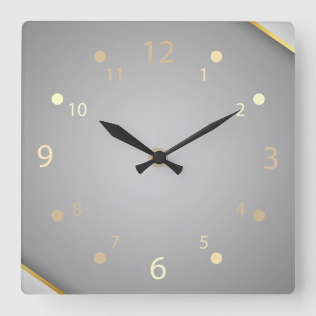 Gray metallic shiny gold line modern square wall clock (Front)