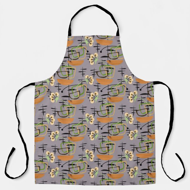 Gray Mid Century Modern House Plants Wooden Bowls Apron (Front)