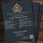 Gray Minimal Home Building Construction QR Code Flyer<br><div class="desc">A simple and minimalist business flyer features your name, title, services, and a QR Code. These Luxury aesthetic business flyers are attention-grabbing, with a unique modern design, while presenting a refined high-end feel. Great for private or commercial contractors of various fields. The face of the cards features white text colors,...</div>