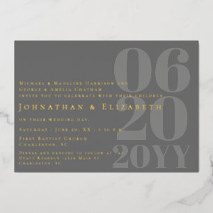 Gray Minimalist Bold Type Photo Wedding Foil Invitation