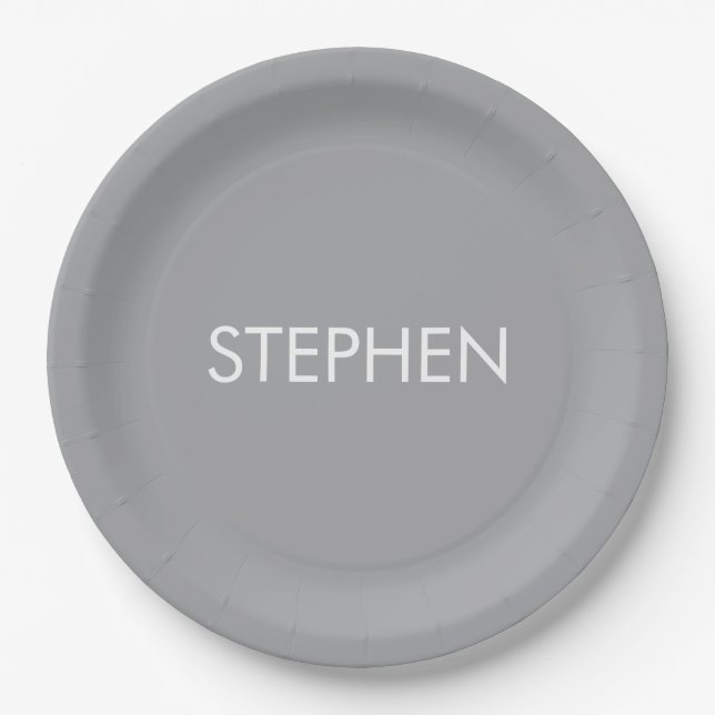 Gray minimalist custom name  paper plates (Front)