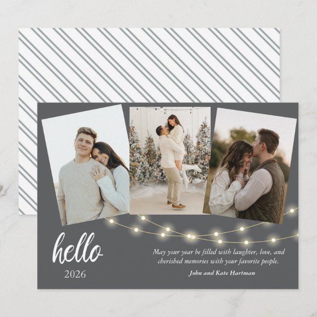Gray Minimalist Hello New Year Photo Collage (Front/Back)