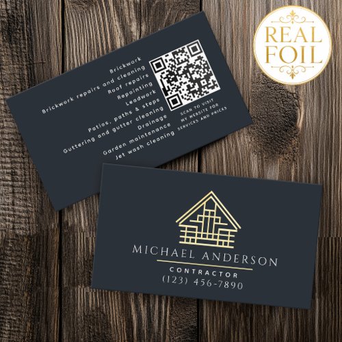 Gray Minimalist Home Building Construction Luxe QR Foil Business Cards