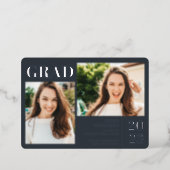 Gray minimalist modern 3 photos graduation silver foil invitation (Standing Front)