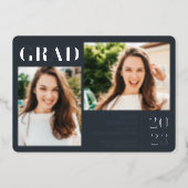 Gray minimalist modern 3 photos graduation silver foil invitation (Front)