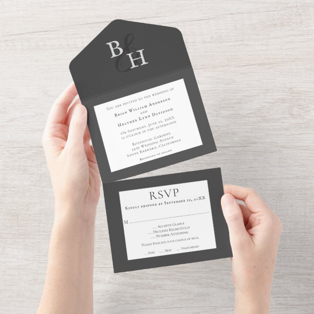 Gray Minimalist Monogram Wedding All In One Invitation (Tearaway)