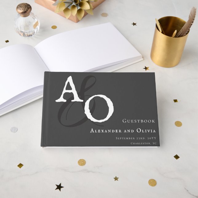 Gray Minimalist Monogram Wedding Guest Book (Front Open)