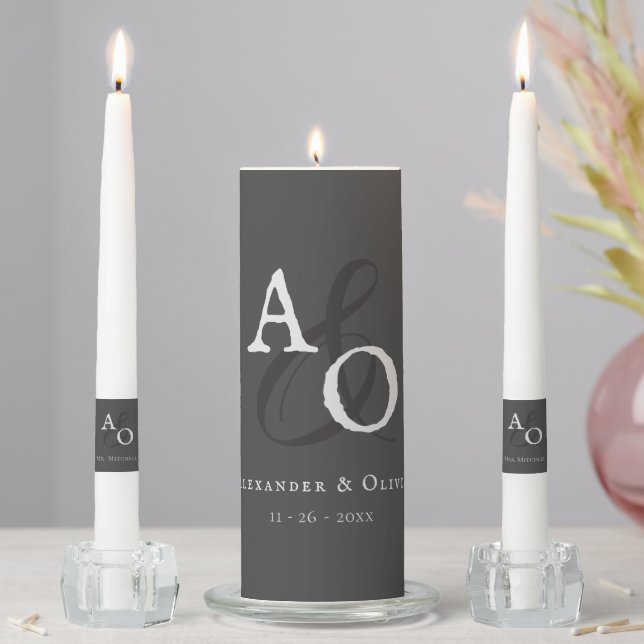 Gray Minimalist Monogram Wedding Unity Candle Set (In Situ)