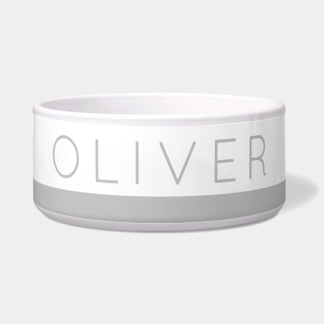 Gray Minimalist Stripe Custom Name Dog Bowl (Front)