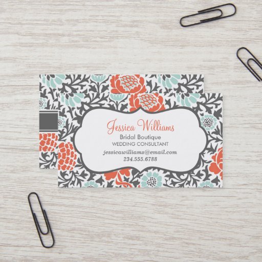 Customizable Gray Mint and Coral Retro Floral Damask Business Cards