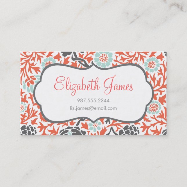 Gray Mint and Coral Retro Floral Damask Business Card (Front)