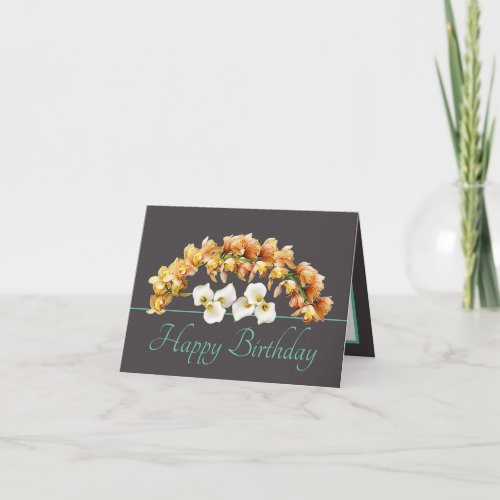 Gray Mint Bouquet Orchids Lilies Happy Birthday Card
