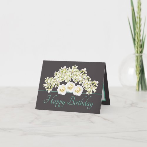 Gray Mint Bouquet Orchids Roses Happy Birthday Card