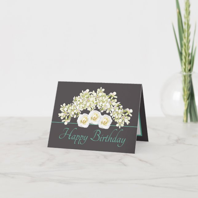 Gray Mint Bouquet Orchids Roses Happy Birthday Card (Front)