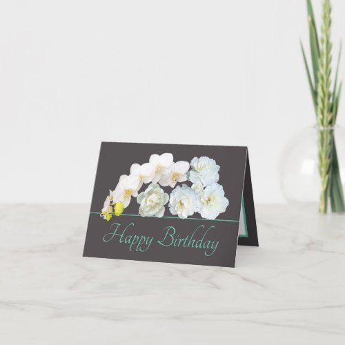 Gray Mint Bouquet White Flowers Happy Birthday Card