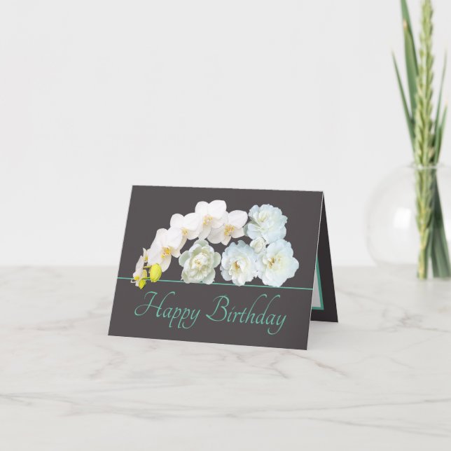 Gray Mint Bouquet White Flowers Happy Birthday Card (Front)