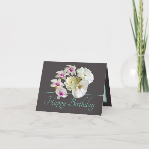 Gray Mint Bouquet White Roses Orchids Birthday Card