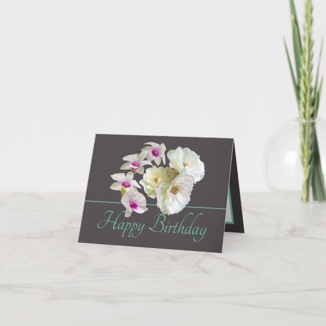 Gray Mint Bouquet White Roses Orchids Birthday Card (Front)