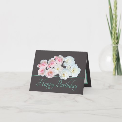 Gray Mint Chic Bouquet White Pink Roses Birthday Card