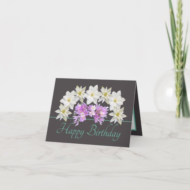 Gray Mint Chic White Purple Bouquet Happy Birthday Card (Front)