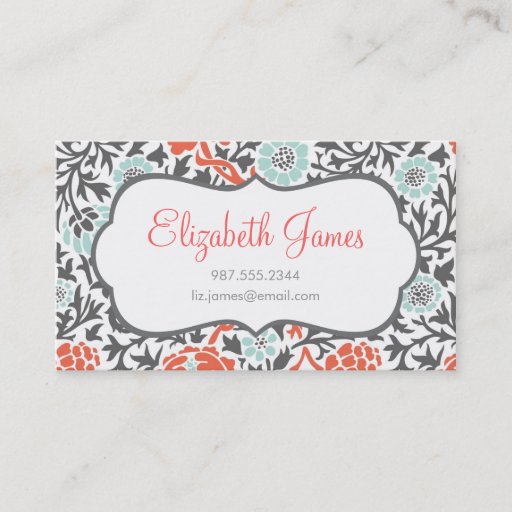 Customizable Gray Mint &amp; Coral Retro Floral Damask Business Card