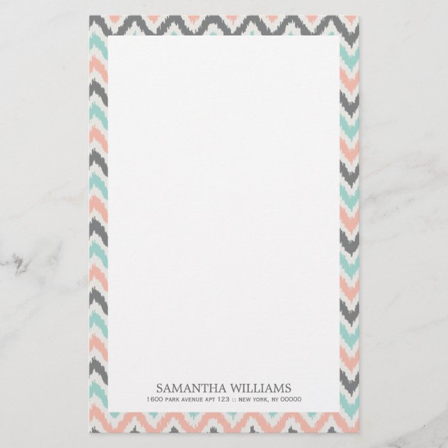 Gray Mint Coral Zigzag Ikat Pattern Stationery (Front)