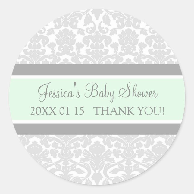 Gray Mint Damask Baby Shower Favor Stickers (Front)
