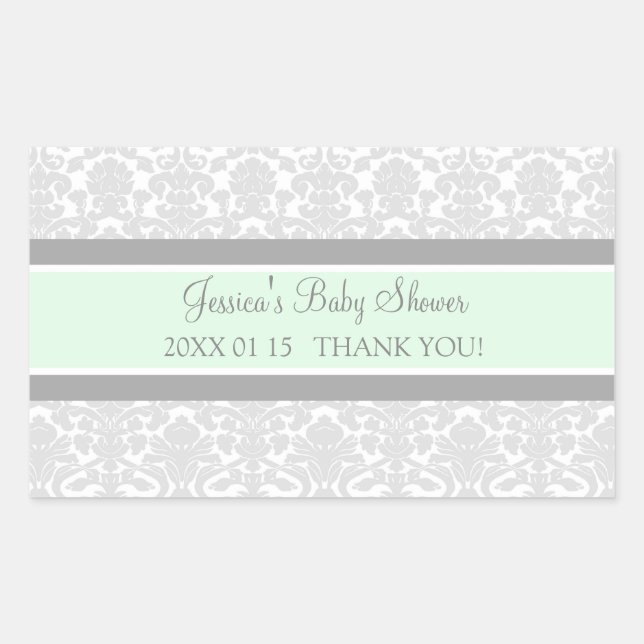 Gray Mint Damask Baby Shower Favor Stickers (Front)