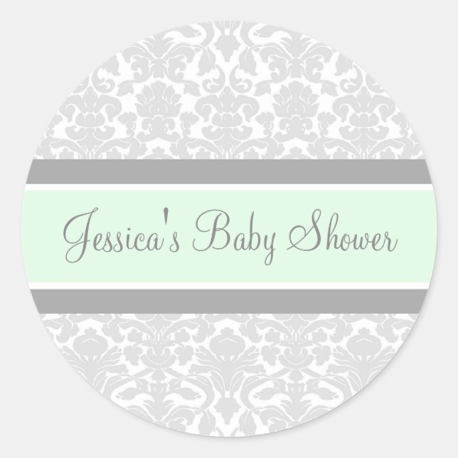 Gray Mint Damask Baby Shower Favor Stickers (Front)
