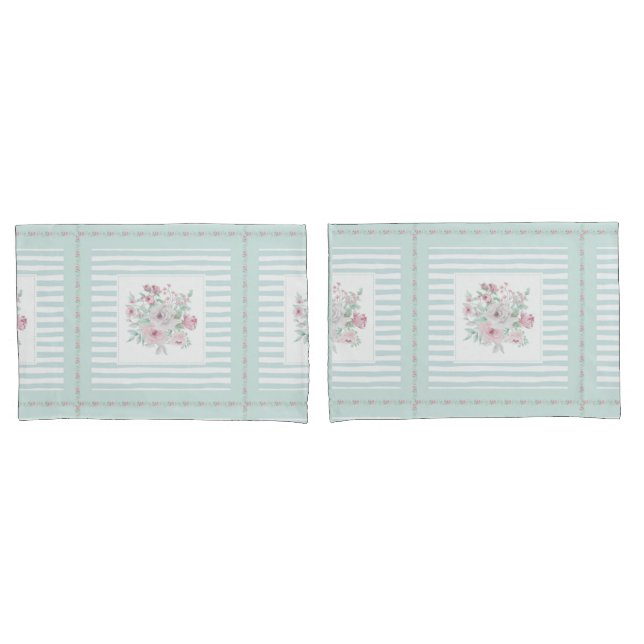 Gray Mint Green Blush Posies  Pillow Case (Front-Set)