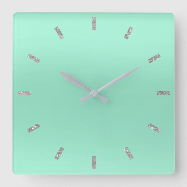 Gray Mint Green Pastel Ombre Minimal Glitter Square Wall Clock (Front)