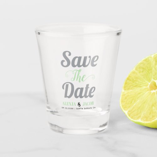 Gray mint green typography names Save the Date Shot Glass