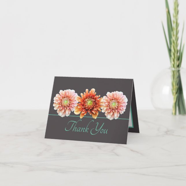 Gray Mint Orange Dahlias Floral Bouquet Thank You Card (Front)