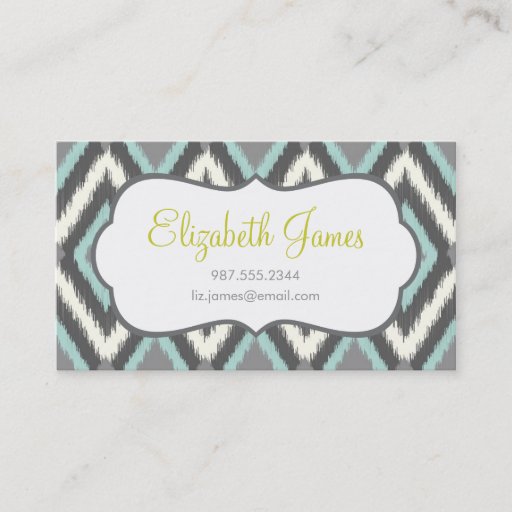 Customizable Gray &amp; Mint Tribal Ikat Chevron Business Cards