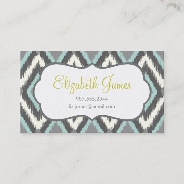 Gray & Mint Tribal Ikat Chevron Business Card (Front)