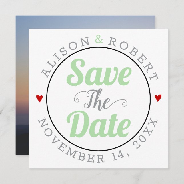 Gray mint  typography hearts photo on the back save the date (Front/Back)
