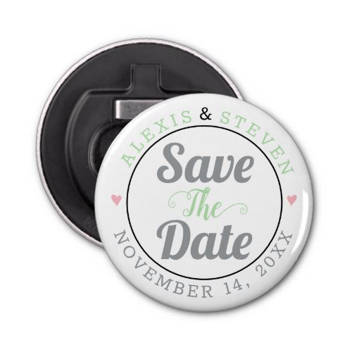 Gray mint typography pink hearts Save the Date Bottle Opener