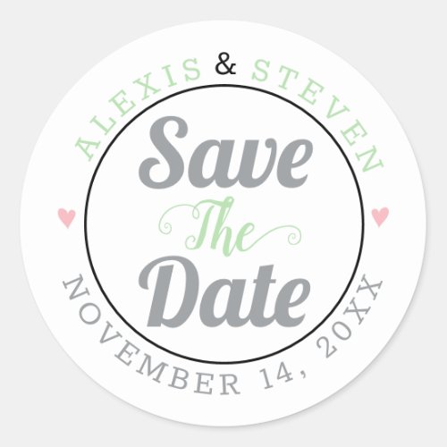 Gray mint typography pink hearts Save the Date  Classic Round Sticker