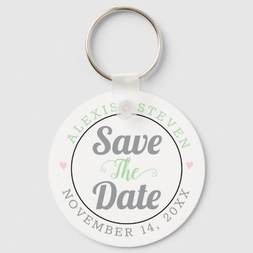 Gray mint typography pink hearts Save the Date Keychain