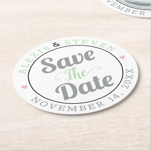 Gray mint typography pink hearts Save the Date Round Paper Coaster