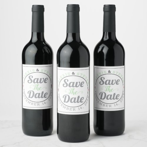 Gray mint typography pink hearts Save the Date Wine Label