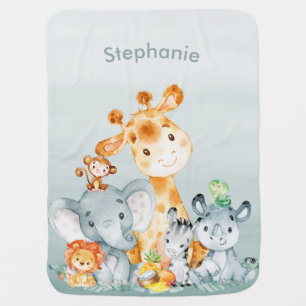 Gray Mint Watercolor Cute Safari Jungle Animals Baby Blanket