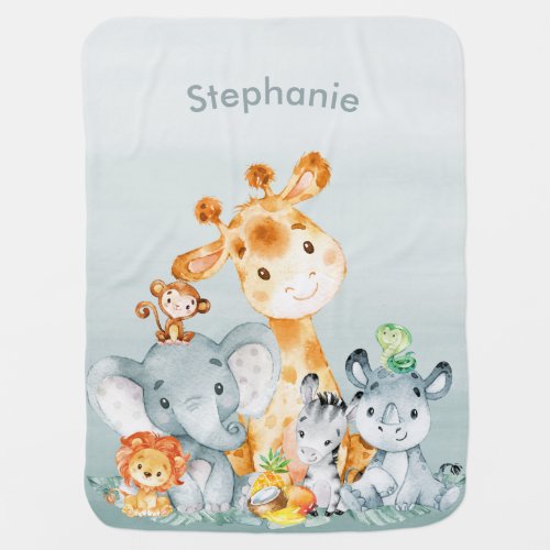 Gray Mint Watercolor Cute Safari Jungle Animals Baby Blanket