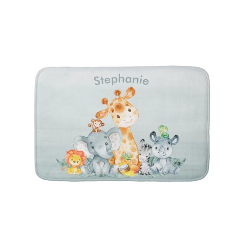 Gray Mint Watercolor Cute Safari Jungle Animals Bath Mat